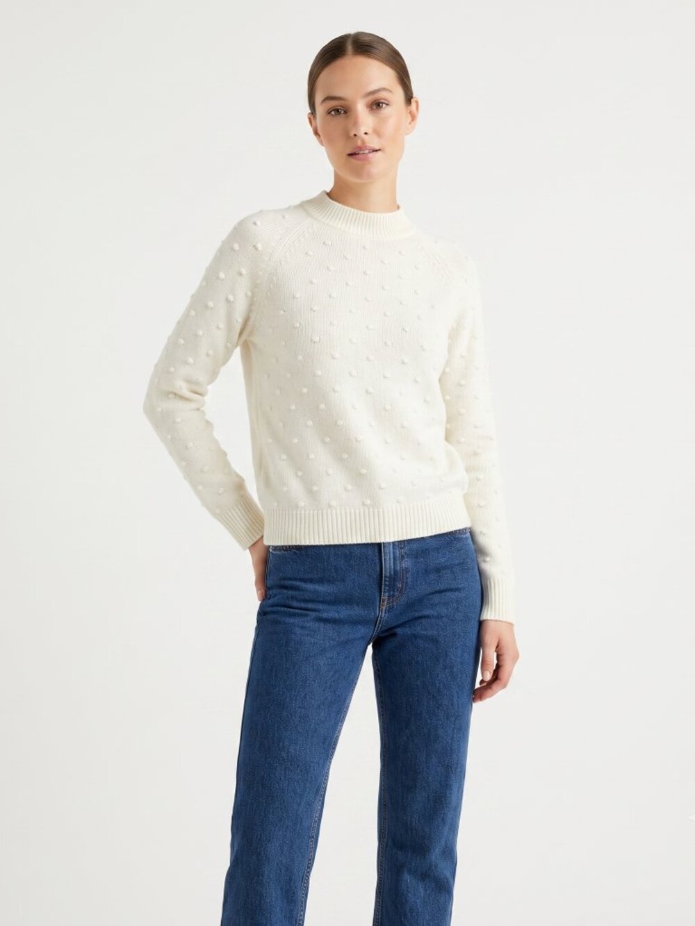 *Suzy Shier Off White Textured Popcorn Knit Sweater | Cream Mock Neck Pullover